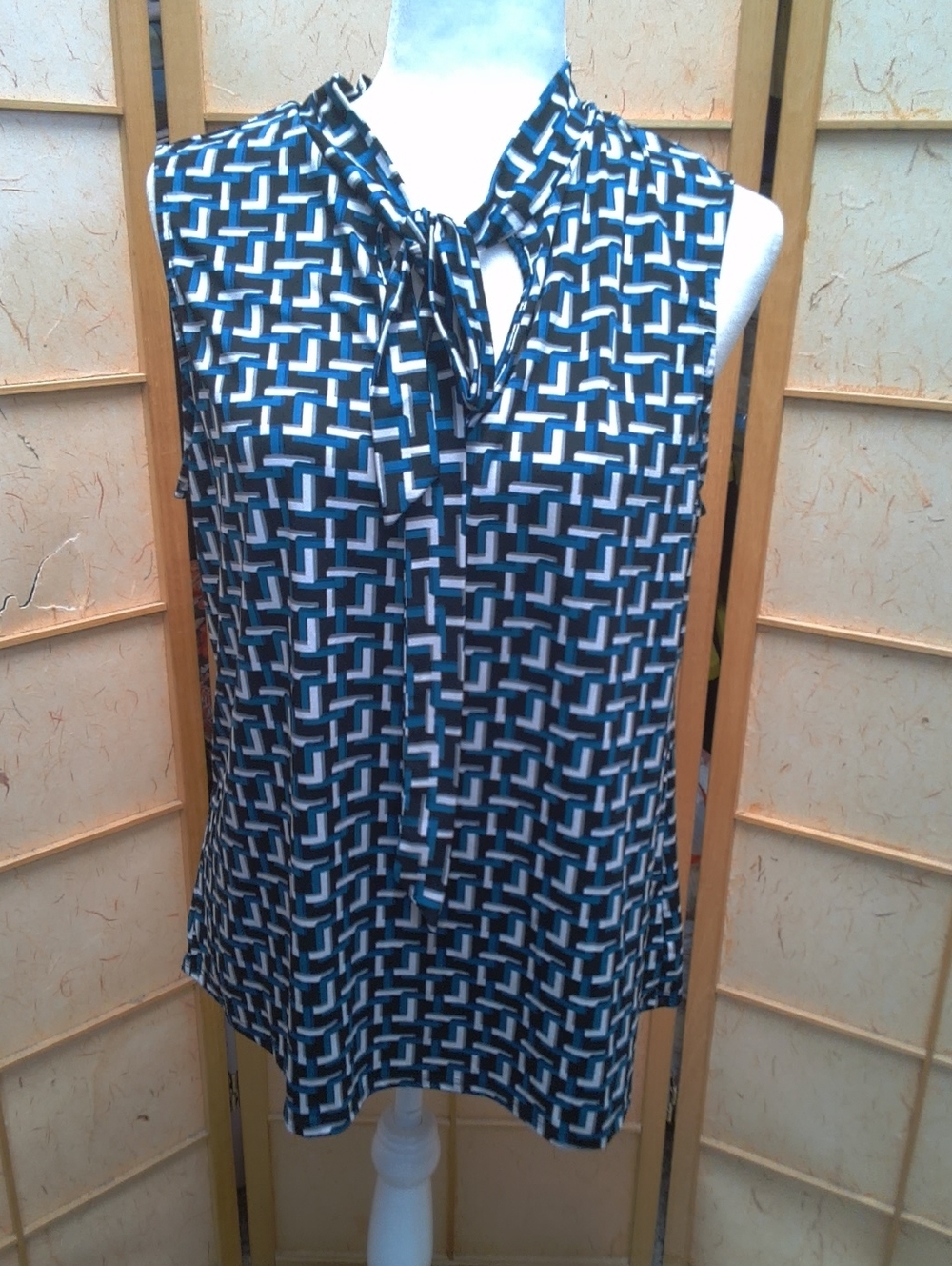 PerSeption Concept Geometric Tie-Neck Sleeveless Camisole - Blue & White Size Xl